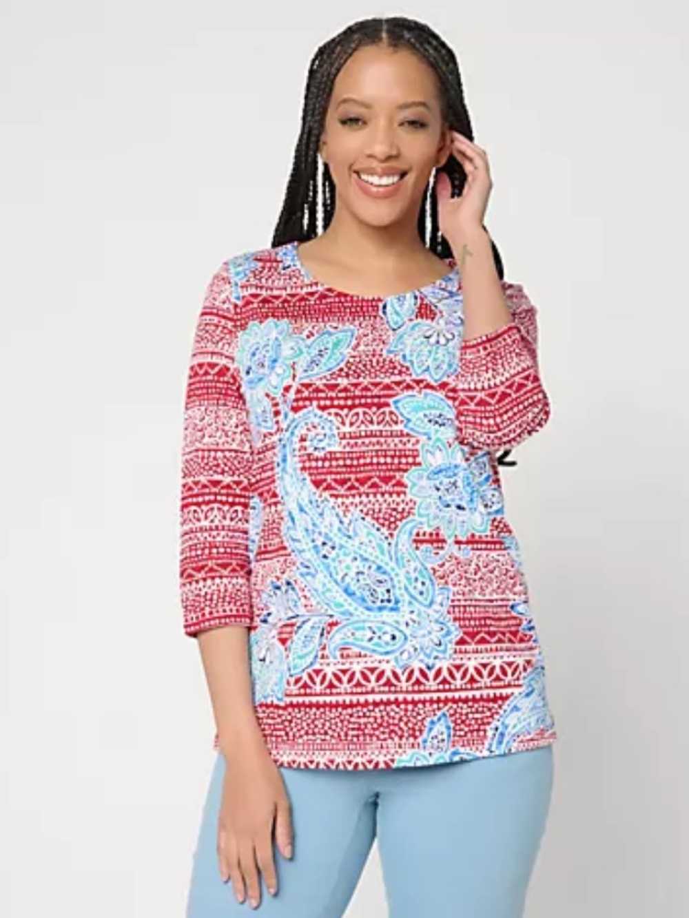 Belle Boho by Kim Gravel Slub Knit Indigo Bloom 3/4 Sleeve Top, Red Sz L a719955